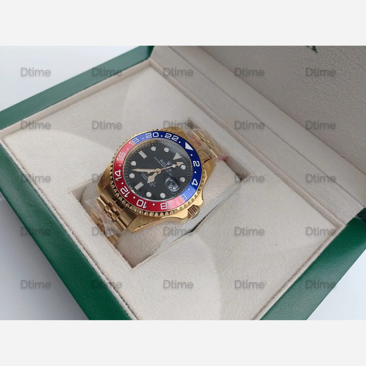 ساعت مچی عقربه ای مردانه رولکس جی ام تی موتور ژاپن بند استیل طلایی صفحه مشکی