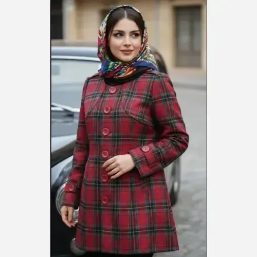 کت پالتویی وارداتی چهارخونه آستردار کشمیری یقه گرد