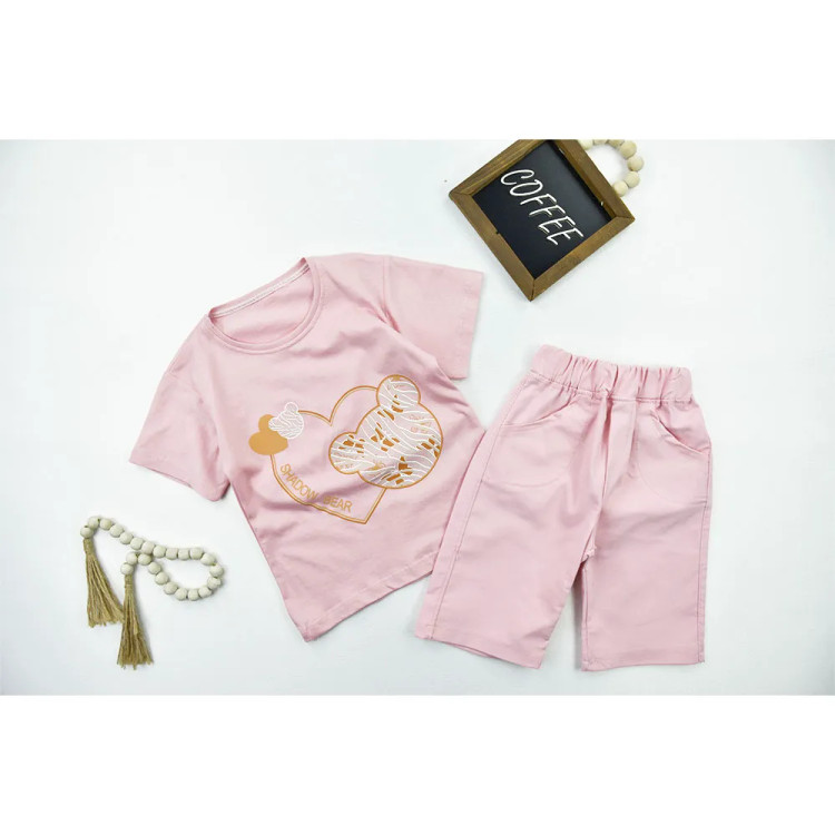 ست تیشرت و شلوارک دخترانه طرح تدی قلبی